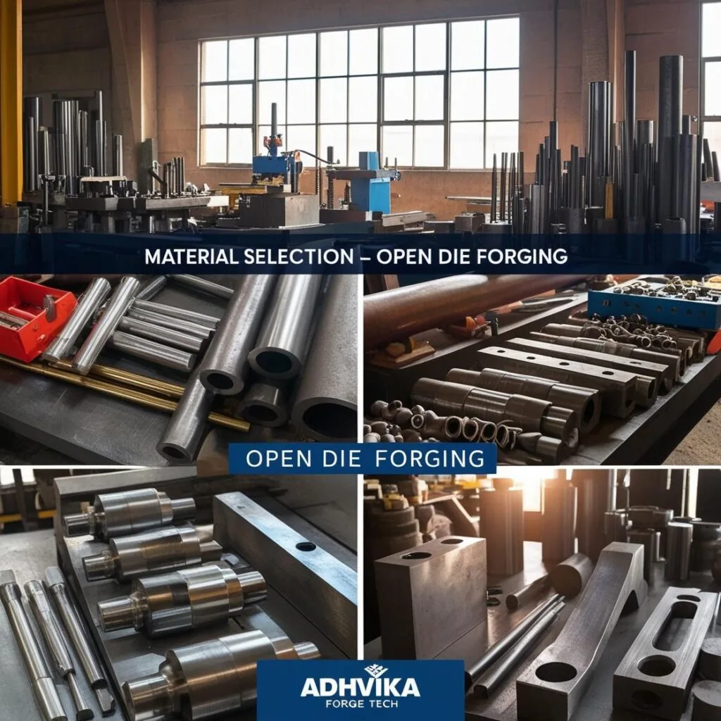 Material Selectrion open die forging , Adhvika Forge Tech Adhvika Forge Tech’s Open Die Forging Process: Material Selection: We start by selecting premium raw materials like EN24, aluminum alloys, titanium, and high-strength steels to ensure product durability.