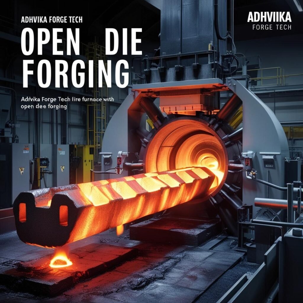Precision big iron ingot Heating in furnace open die forging , Adhvika Forge Tech Open Die Forging is a process where the metal billet is placed between flat or slightly contoured dies, allowing it to flow freely under repeated hammering or pressing. This method is ideal for large, simple components like shafts, flanges, rings, and cylinders