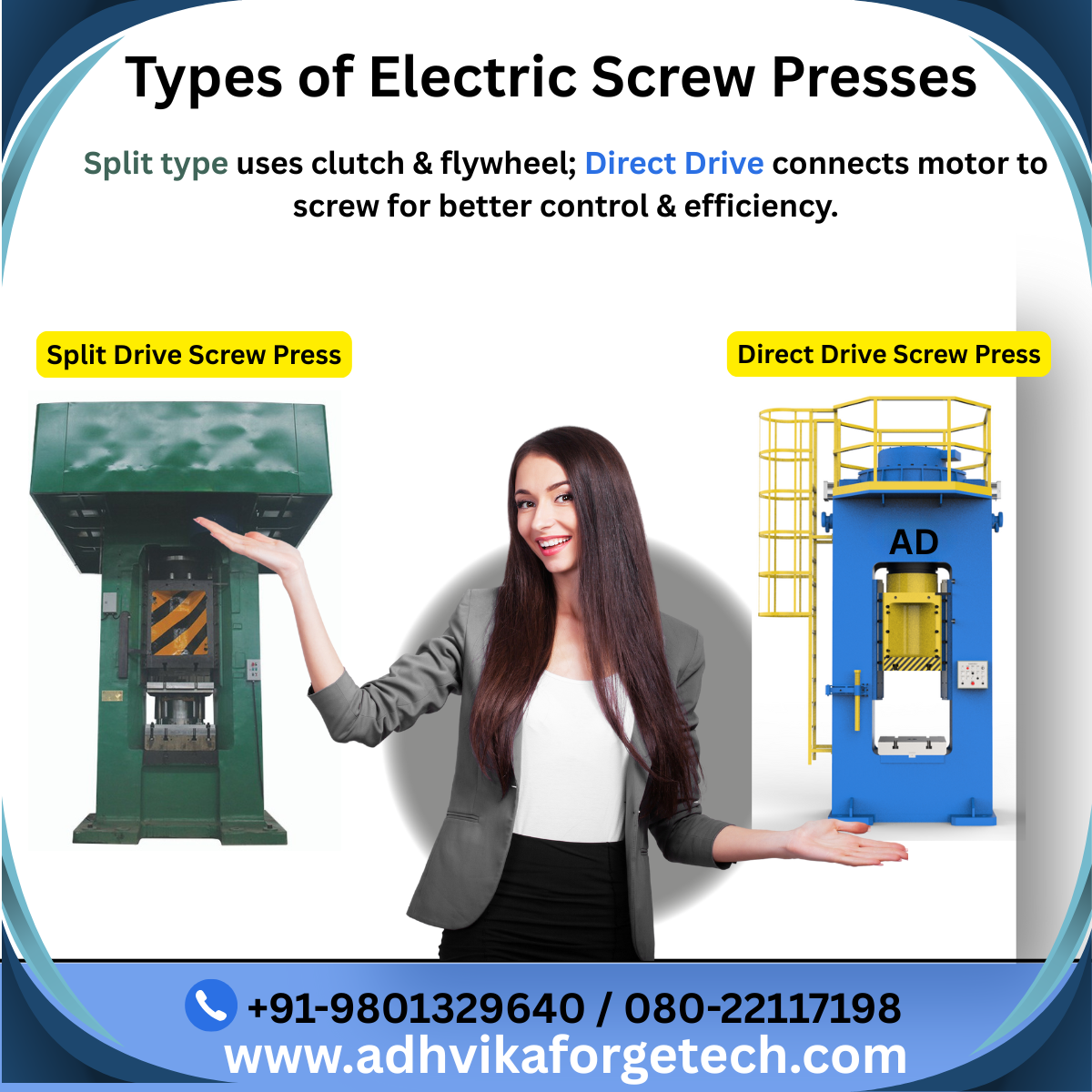 Types of Electric Screw Presses Split type uses clutch & flywheel; direct drive connects motor to screw for better control & efficiency.