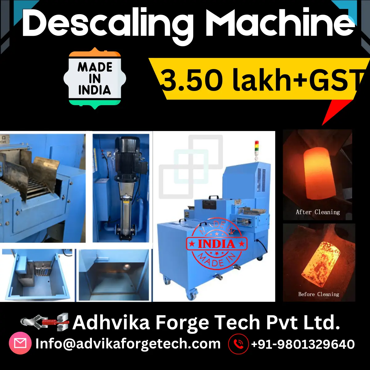 Adhvika Forge Tech descaling machines remove oxide scale from hot billets and bars, ensuring smooth surface finish, die protection, reduced scrap, and high productivity.