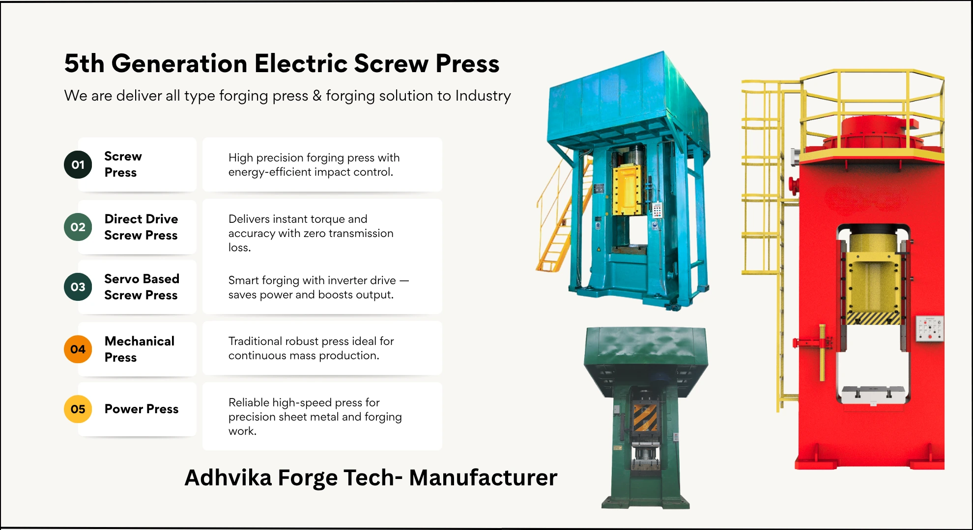 We manufacture all types of Screw Presses — Direct Drive, Servo, Gear Type, and Friction — in-house. We also provide complete backup for Electric and PLC programming.