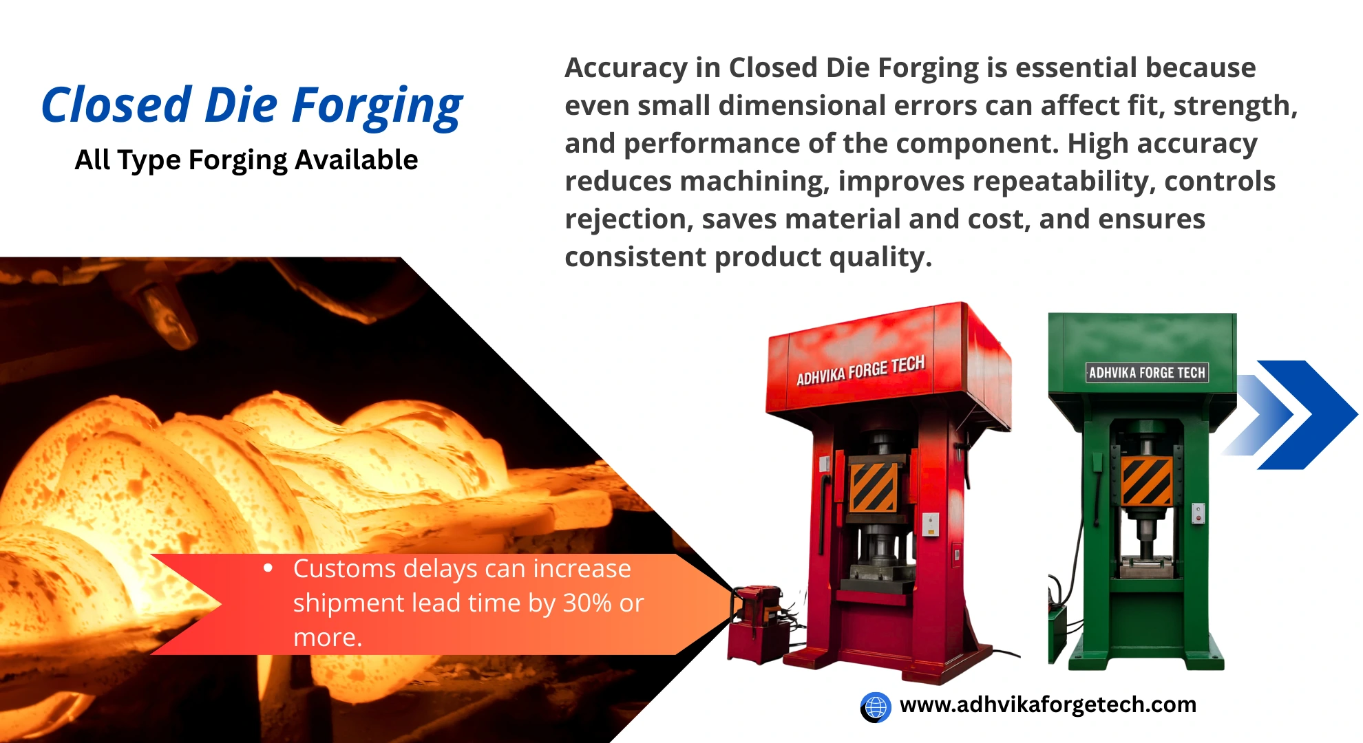 Accuracy in Closed Die Forging is essential because even small dimensional errors can affect fit, strength, and performance of the component. High accuracy reduces machining, improves repeatability, controls rejection, saves material and cost, and ensures consistent product quality.