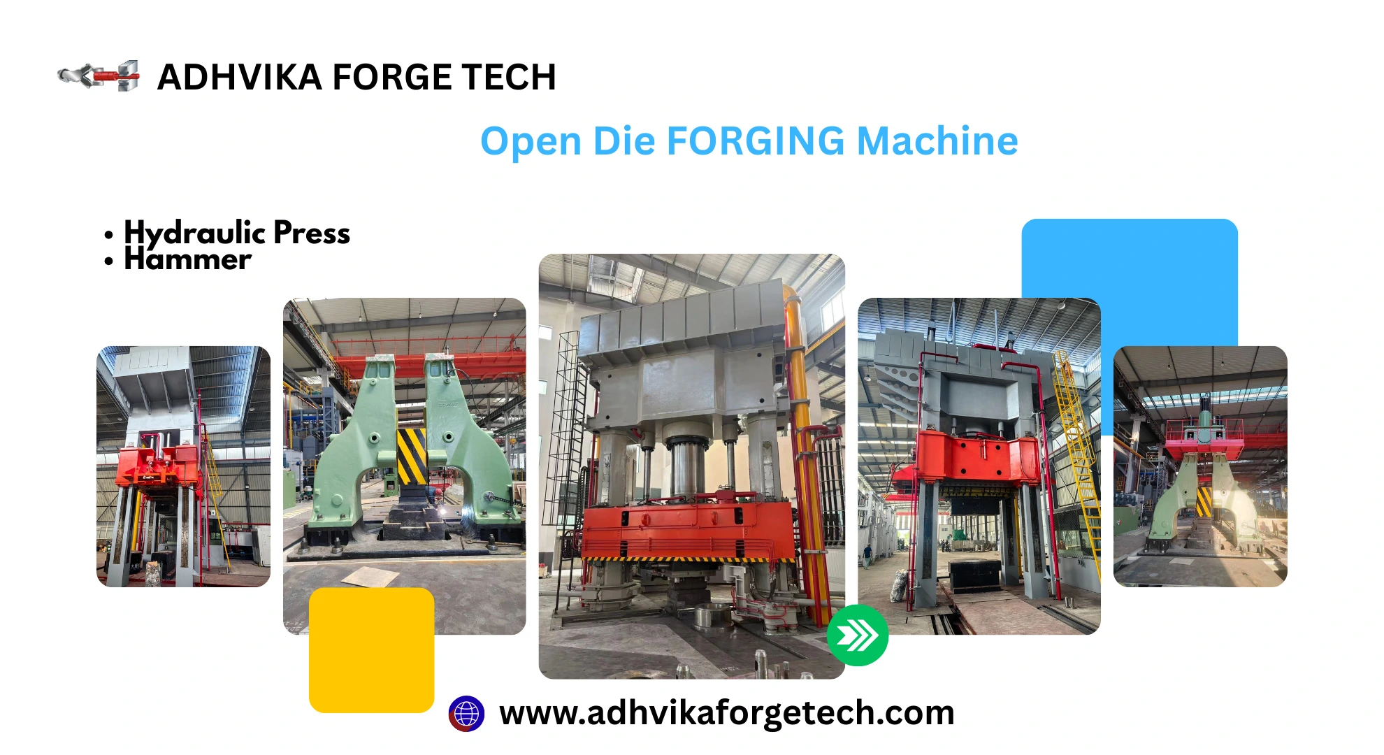 Sure — here’s an **~800-character humanized text** in a professional, customer-focused tone: Open Die Forging requires strength, reliability, and flexibility — and that’s exactly what we deliver through our Hydraulic Press Four-Column lines, C-Frame Hammers, and Double-Column Hammers. Adhvika Forge Tech supplies these machines along with complete turnkey solutions, including layout planning, handling systems, installation, commissioning, and production support. Our focus is on practical performance — stable forging blows, smooth material flow, and long service life of equipment. Whether the requirement is shafts, flanges, rings, or heavy industrial components, we provide the right machine configuration based on application needs, energy efficiency, and cost optimization. With our engineering support and on-site guidance, customers get a dependable and production-ready open die forging setup.