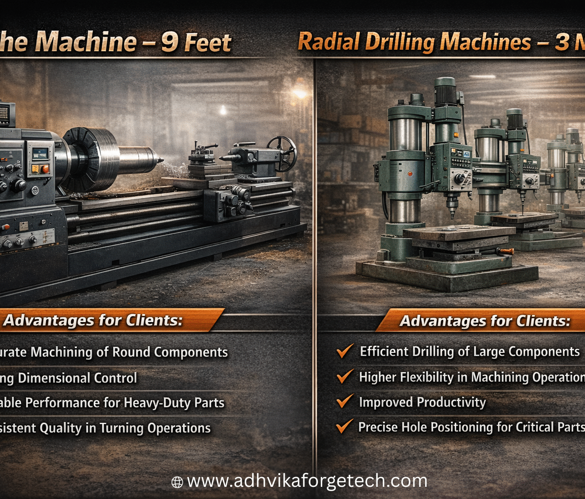 Our facility includes a 9 Feet Lathe Machine capable of handling medium to large cylindrical components with high precision. This machine is used for turning, facing, threading, and machining of shafts, sleeves, and round forging components. Its strong structure ensures stable machining and accurate dimensions, which are essential for forging tools and heavy industrial parts.
