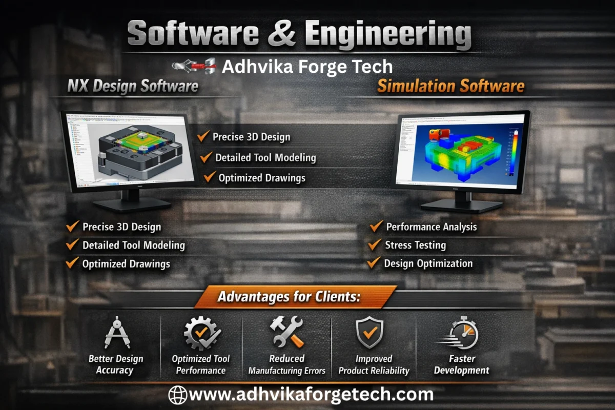 Our engineering team uses advanced NX Design Software for precise component design and development of forging tools and press components. This software allows us to create accurate 3D models, detailed drawings, and optimized tool designs before the manufacturing process begins. We also use simulation software for component analysis, which helps evaluate the performance, strength, and behavior of components under working conditions. Through simulation, we can identify potential issues, improve design efficiency, and enhance tool life before actual production. Advantages for Clients: better design accuracy, optimized tool performance, reduced manufacturing errors, improved product reliability, and faster development of forging tools and components.
