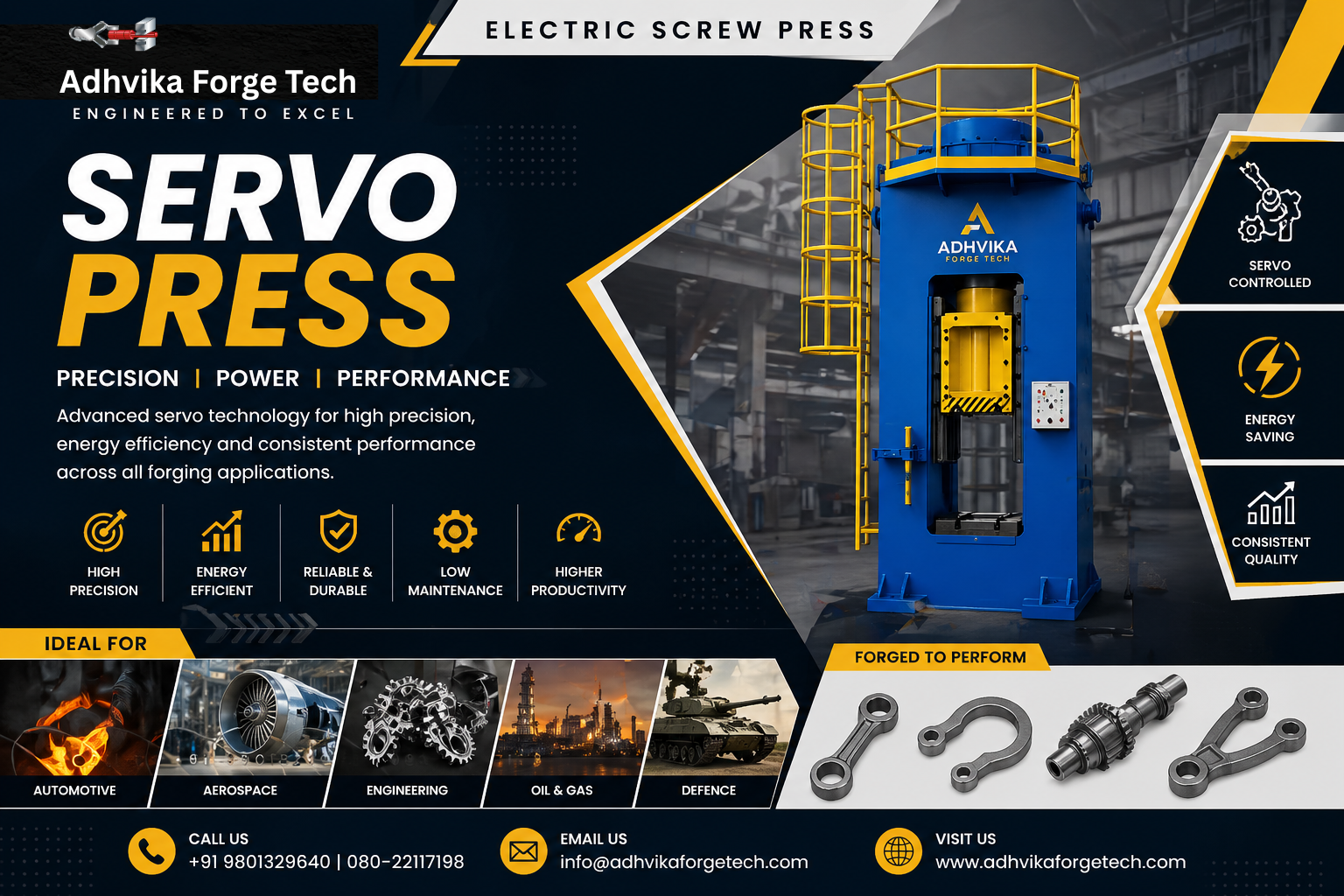 Servo Press, also called Direct Drive Screw Press, delivers high precision, superior accuracy, and uniform forging impact for consistent, reliable performance.