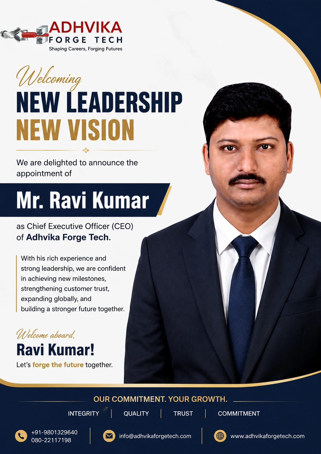 Congratulations, Mr. Ravi Kumar! May your leadership inspire innovation, strengthen our values, and lead Adhvika Forge Tech to greater heights. We look forward to achieving many new milestones together.